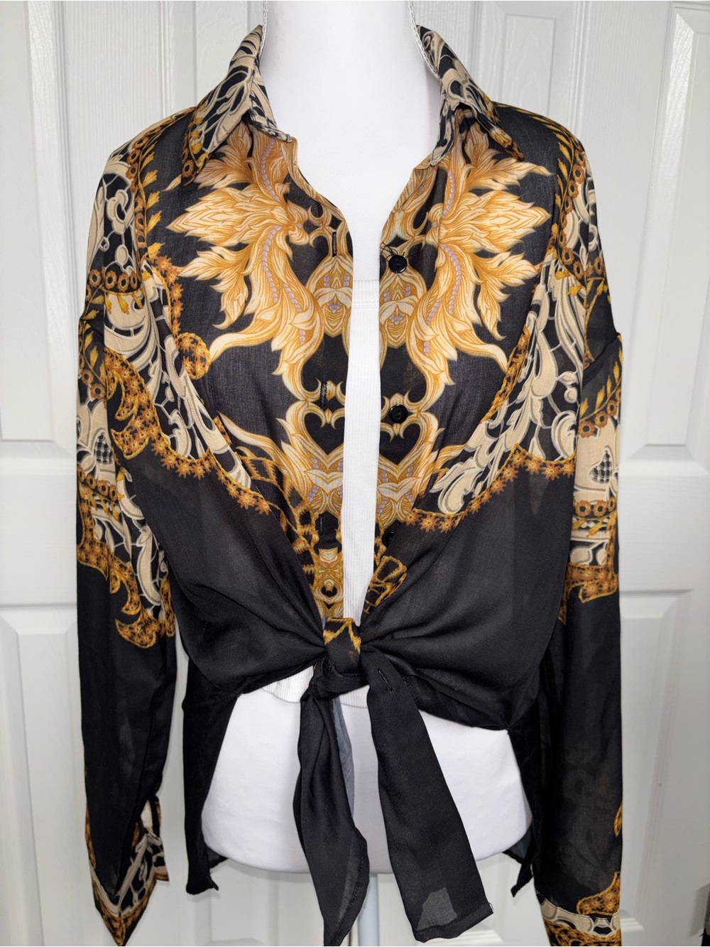 Black & Gold Baroque Tie-Front Blouse